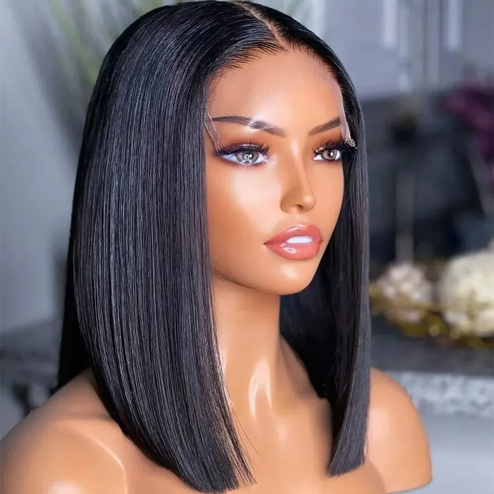 Perruque Bob Lace Front Wig brésilienne naturelle, cheveux lisses, 13x6, 13x4, pre-plucked, transparent HD, densité 250, pour femmes