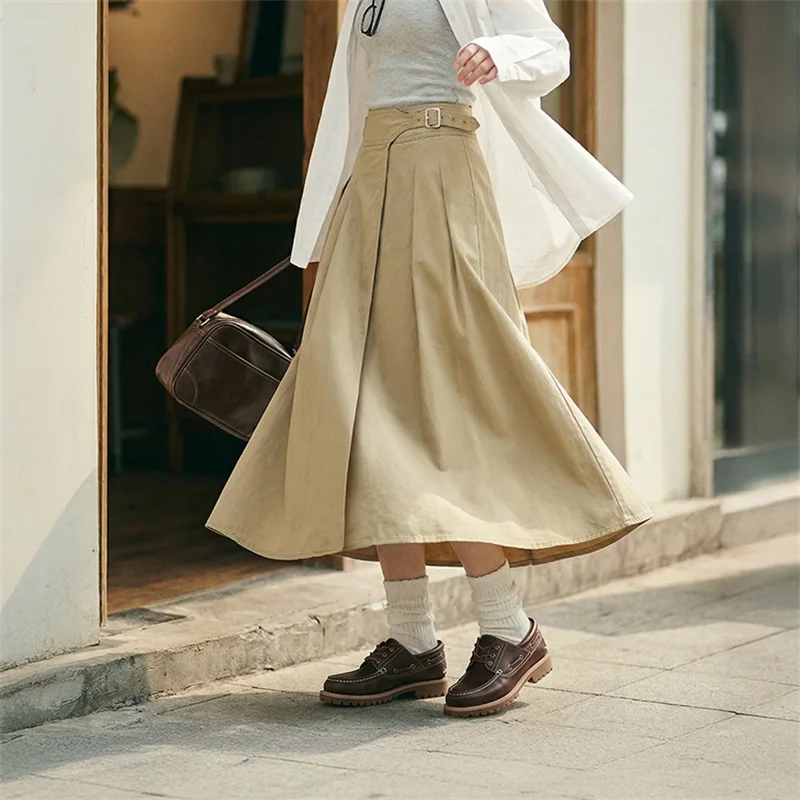 Maden Women's Khaki Pleated A-Line Skirt High-Waist Flared Cotton Half Skirt Big Swing Casual Spring Retro Style