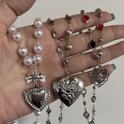 Y2K White Imitation Pearl Necklace Large Love Heart With Flower Pattern Pendant Choker Women Necklace Jewelry Girls