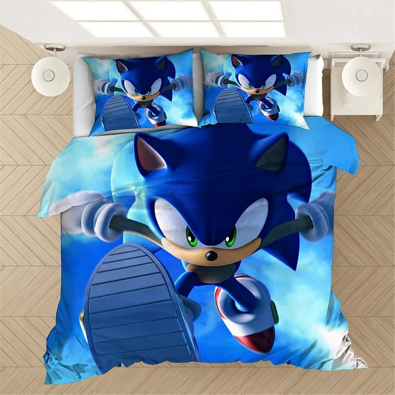 Sonic Duvet Cover - Polyester & Rayon, Sonic Room Decor Duvet Cover Set, 1 Duvet Cover and 2 Pillowcases, Kids Birthday Gift