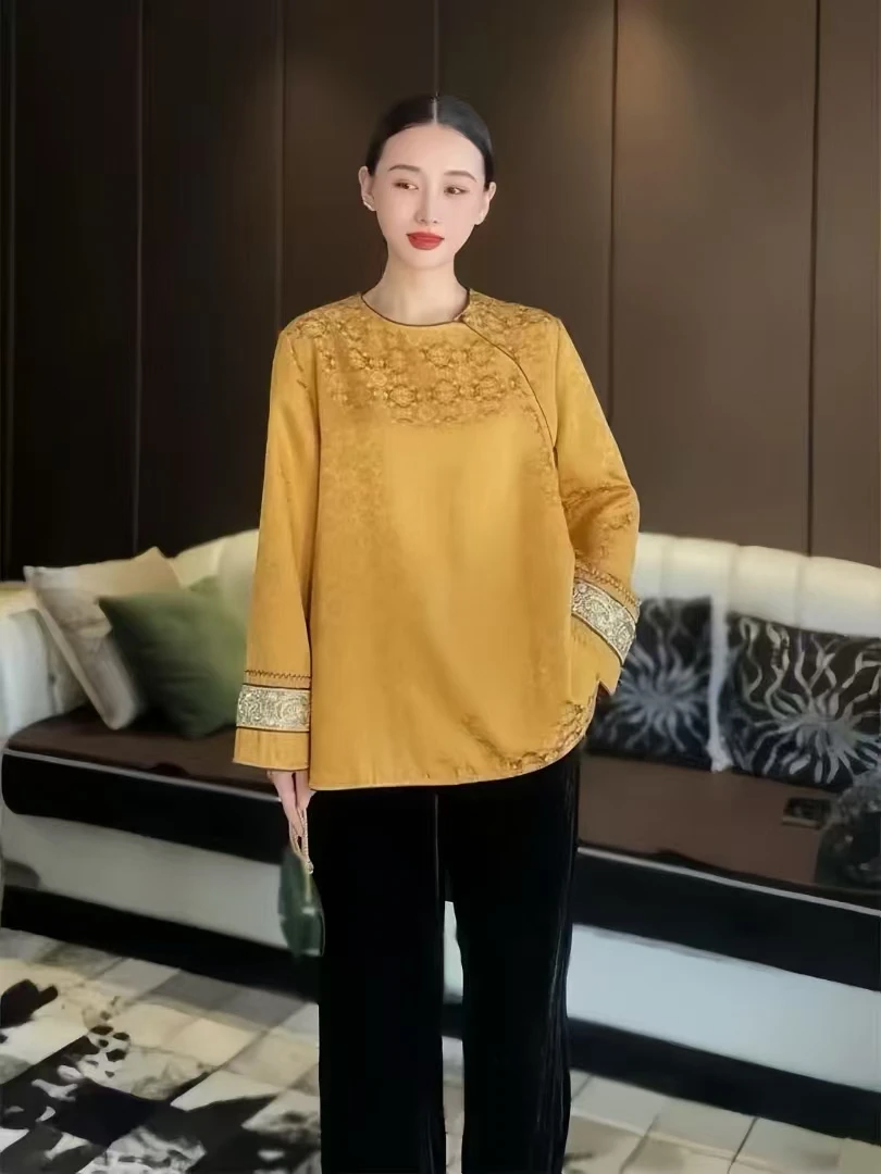 Spring New O-Neck Chinese Style Button Silk Jacquard top +Contrasting Cuffs And Beaded Embroidery Retro Gold Women's Shirt S-XL