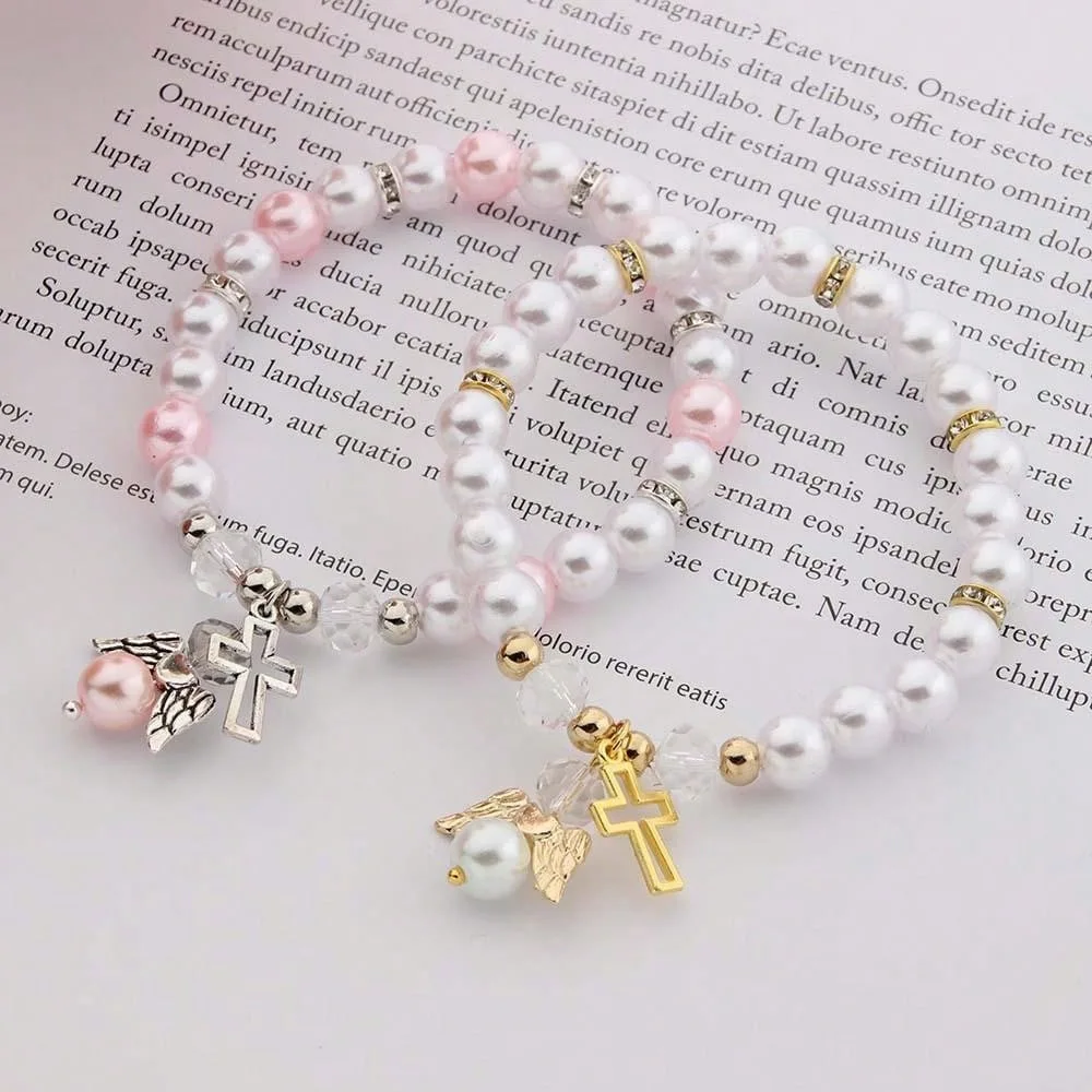 8mm Imitation Pearl Guardian Angel Stretch Bracelet Religious Jewelry Baptism Gift, Adjustable Cross Charm Elastic Beads Chain