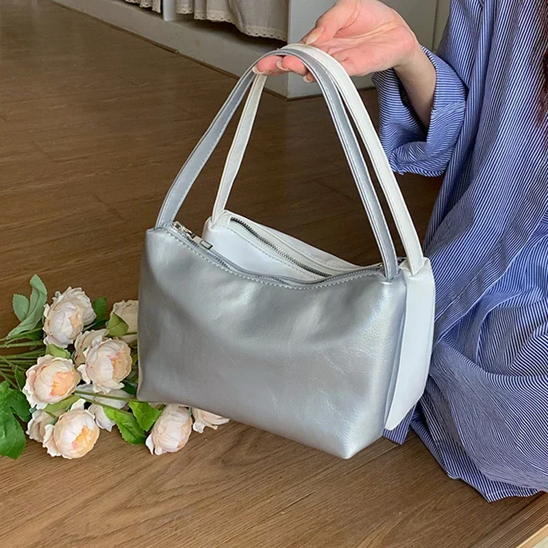 

New Simple Solid Color Shoulder Bag Soft PU Leather Small Tote for Women Niche Design Underarm Bag Dating Shopping Handbag