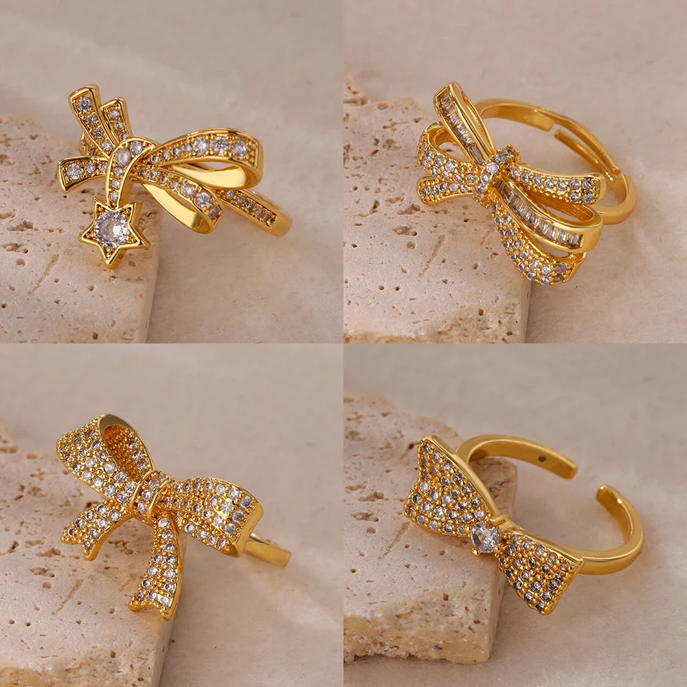 

Stainless Steel Bow Tie Rings For Women Gold Color Fashion Zircon Bowknot Finger Ring Trend Aesthetic Wedding Jewelry Gift