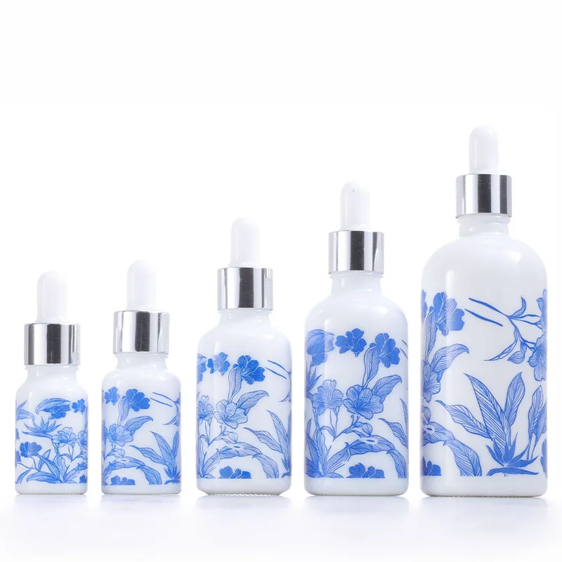 Frasco de porcelana azul e branca vazia com conta-gotas, cerâmica, redonda, óleo essencial de cabelo, cosmético, 10ml, 15ml, 50ml, 100ml, 100pcs