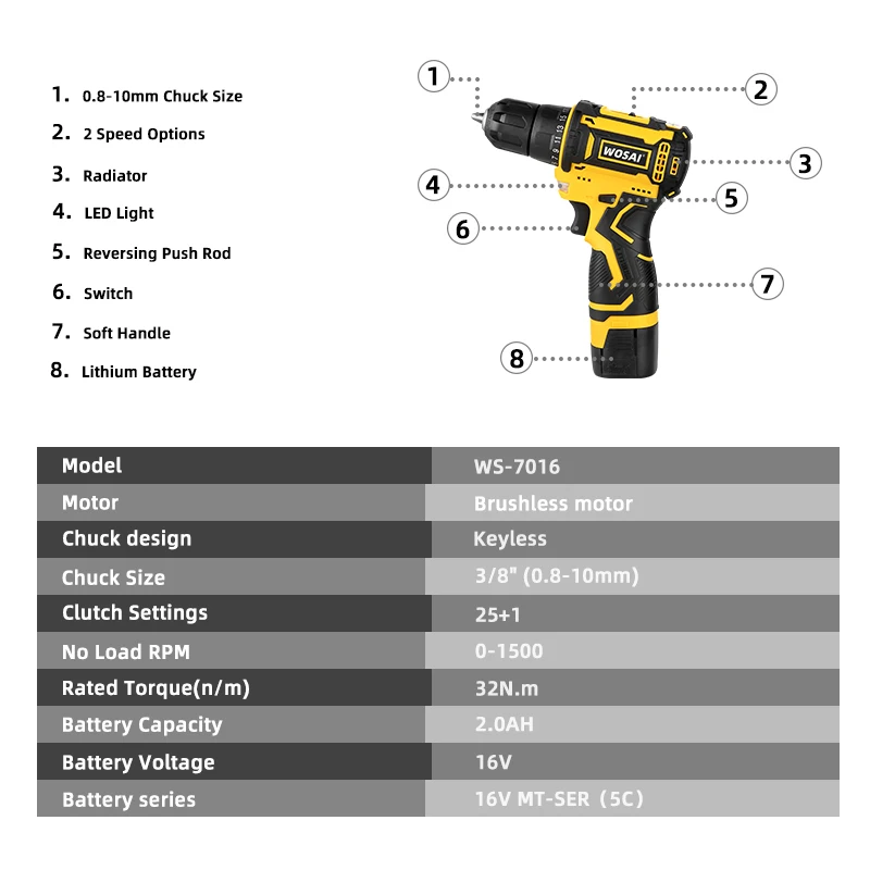 WOSAI Brushless Cordless Drill 32N.m 16V  MAX Power Tools Electric Screwdriver 25+1 Torque Settings 2-Speeds MT-Series