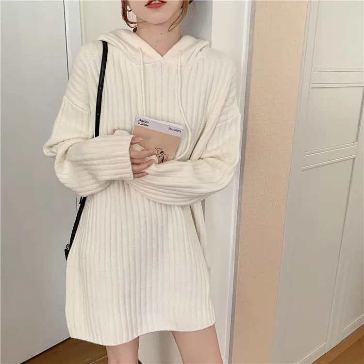 Hooded Midi Knit Pullovers Women Fall Winter Loose Thickened Long Sleeve Sweaters Top 3 Colors