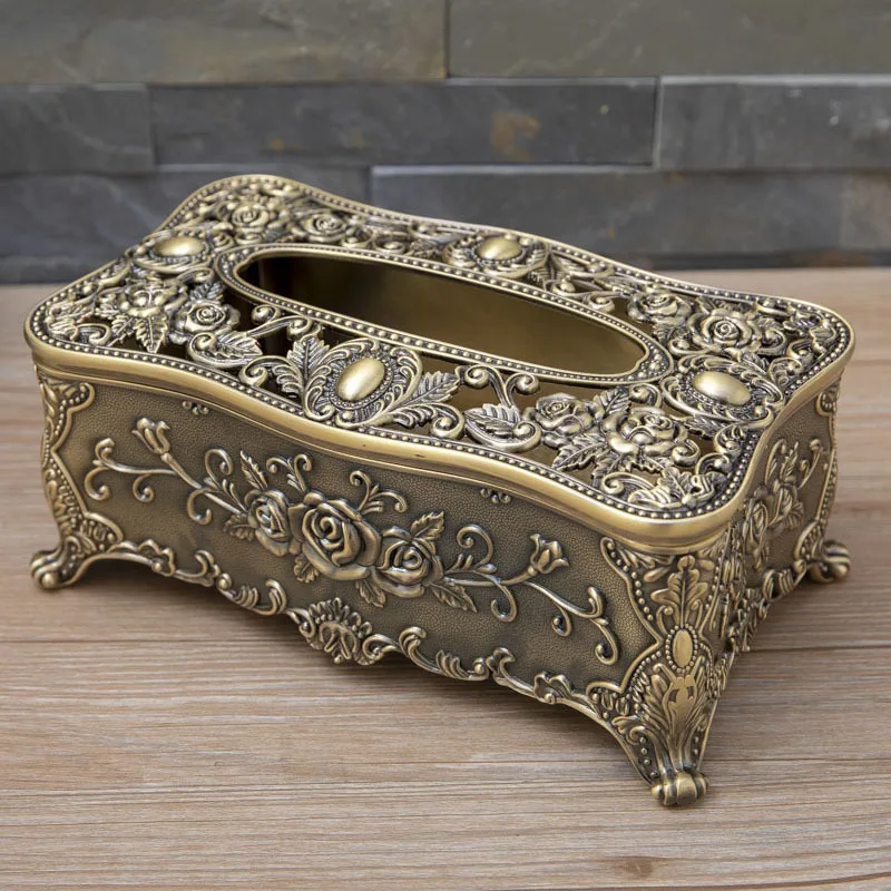 

European Luxurious bronze antique tin metal tissue box napkin holder with flower engaved paper box for home decoration