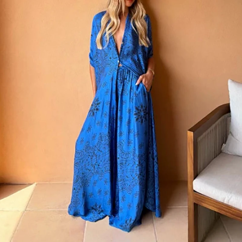 Trendy Deep V-Neck Pocket Loose Office Suit Retro Print Bat Sleeve Outfit Casual Single Breasted Cardigan+Wide Leg Pants 2pc Set