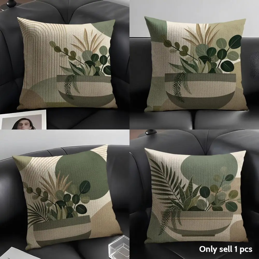 Morandi Greenery Geometric Cushion Cover Natural Linen Pillow Case Organic Fabric Double Sided Print Sofa Home Decor Gift