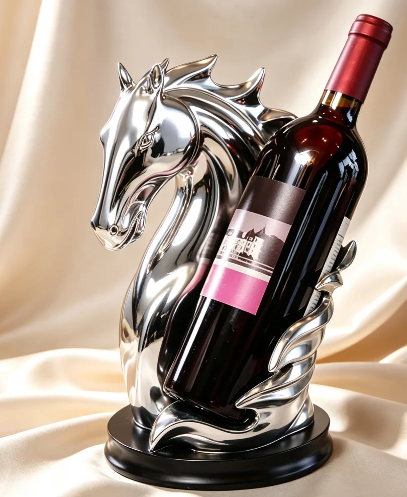 Support de bouteille de vin en forme de tête de cheval métallique argenté et doré, décoration d'art pour bar à domicile, ornement de table