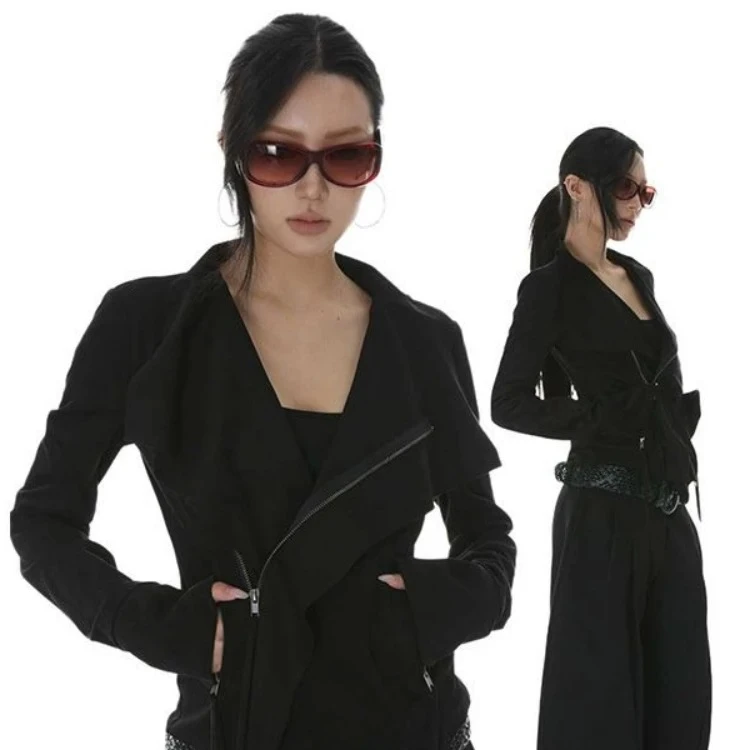 Vintage Kragen Jacken Frauen Harajuku Punk Slim Fit Mantel Streetwear Tasche Reißverschluss Y2k Ästhetischen Harajuku Grunge 2025, Outwear