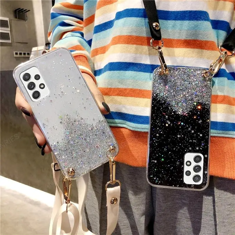 Crossbody Lanyard Glitter Clear Case For Samsung Galaxy A52 A53 A33 A32 A72 A73 A23 4G 5G A13 M23 M13 Cord Silicone Back Cover