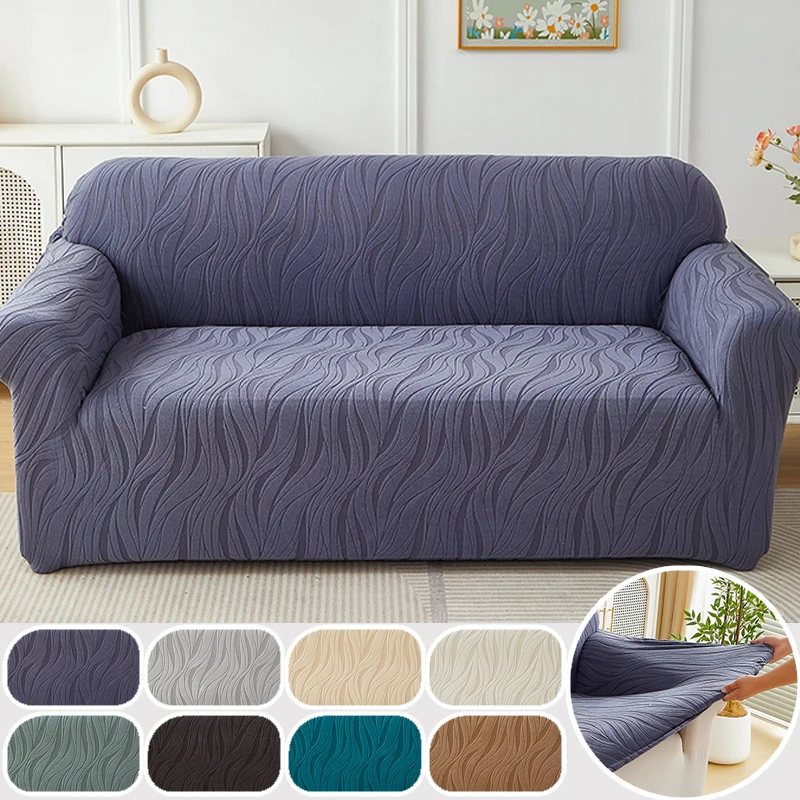 

1pc Water-ripples Shaped Jacquard Sofa Cover Solid Elastic Non-Slip Sofa Slipcover Full Wrap Furniture Protector for Living Room