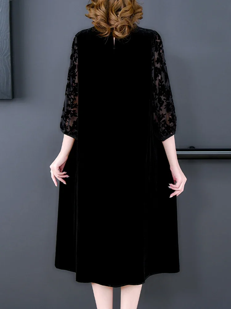 Autumn Winter Black Velvet Chic Hook Flower Hollow Sexy Midi Dress Women Solid Elegant Bodycon Dress 2024 Korean Vintage Dresses