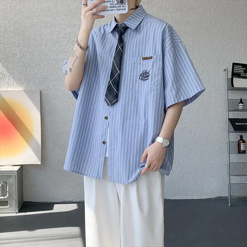 

Ретро японский Гонконг Sle полосатый ort Sve irt свободный крой молодежный летний повседневный полиэфирное волокно M Fem пары