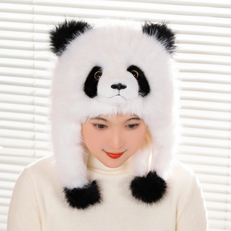 

Fluffy Panda Earflap Hat Women Winter Cute Plush Pullover Warm Hats Plush Neck Protection Northeast Mongolian Cap Ear Protection