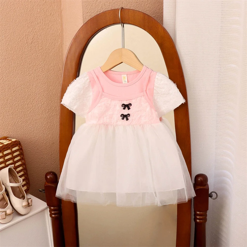 

Summer Baby Girl Dress with Two Butterfly Bows Cute Mesh Princess Dress Fashionable Party Bubble Short Sleeved Dress