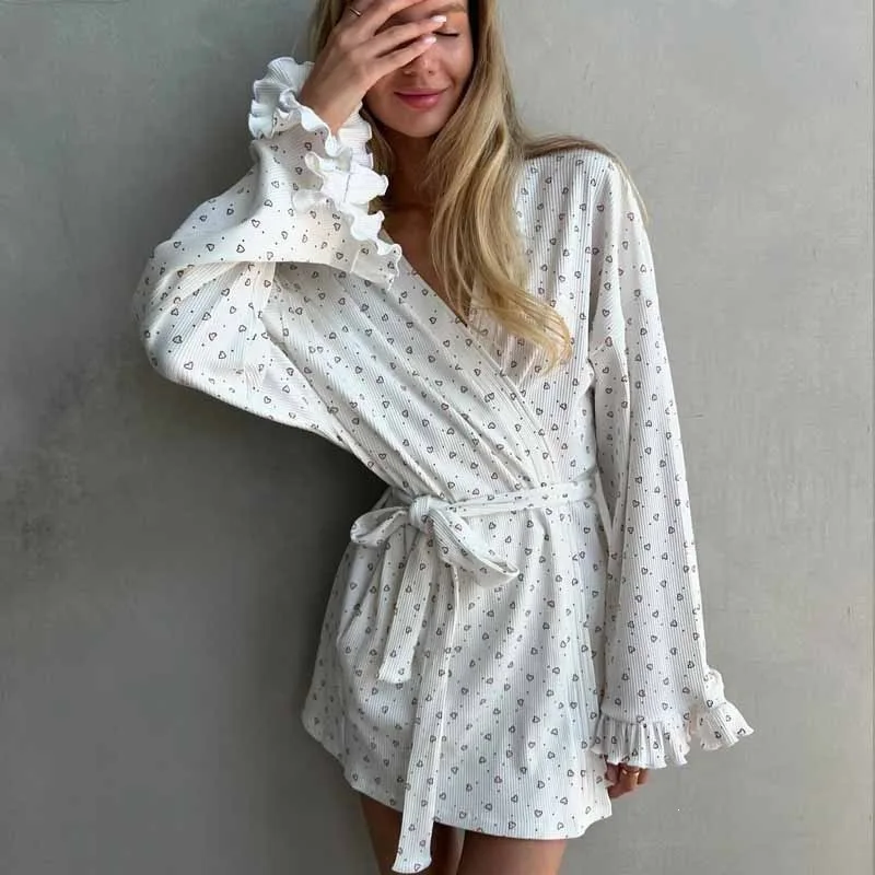 New Style Womens Autumn Dress Home Wear Loose-fitting Printed Heart-shaped Long-sleeved Screw Pajamas Pajama Dress Fashion Trend