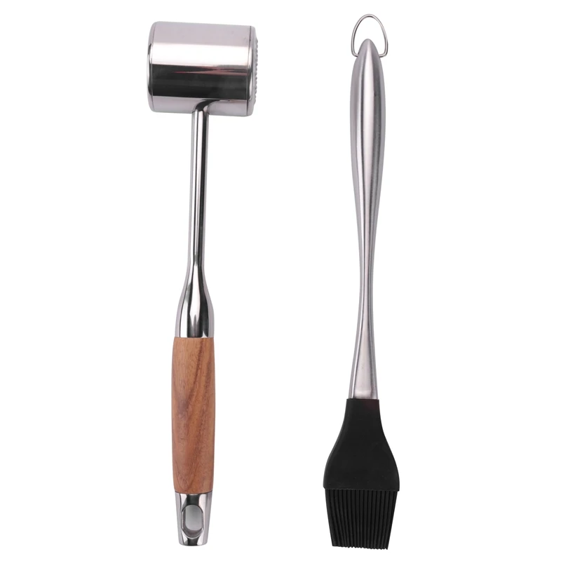 Double-Sided Meat Tenderizer Hammer With Non-Slip Wooden Handle, Steak Hammer With Silicone Oil Brush