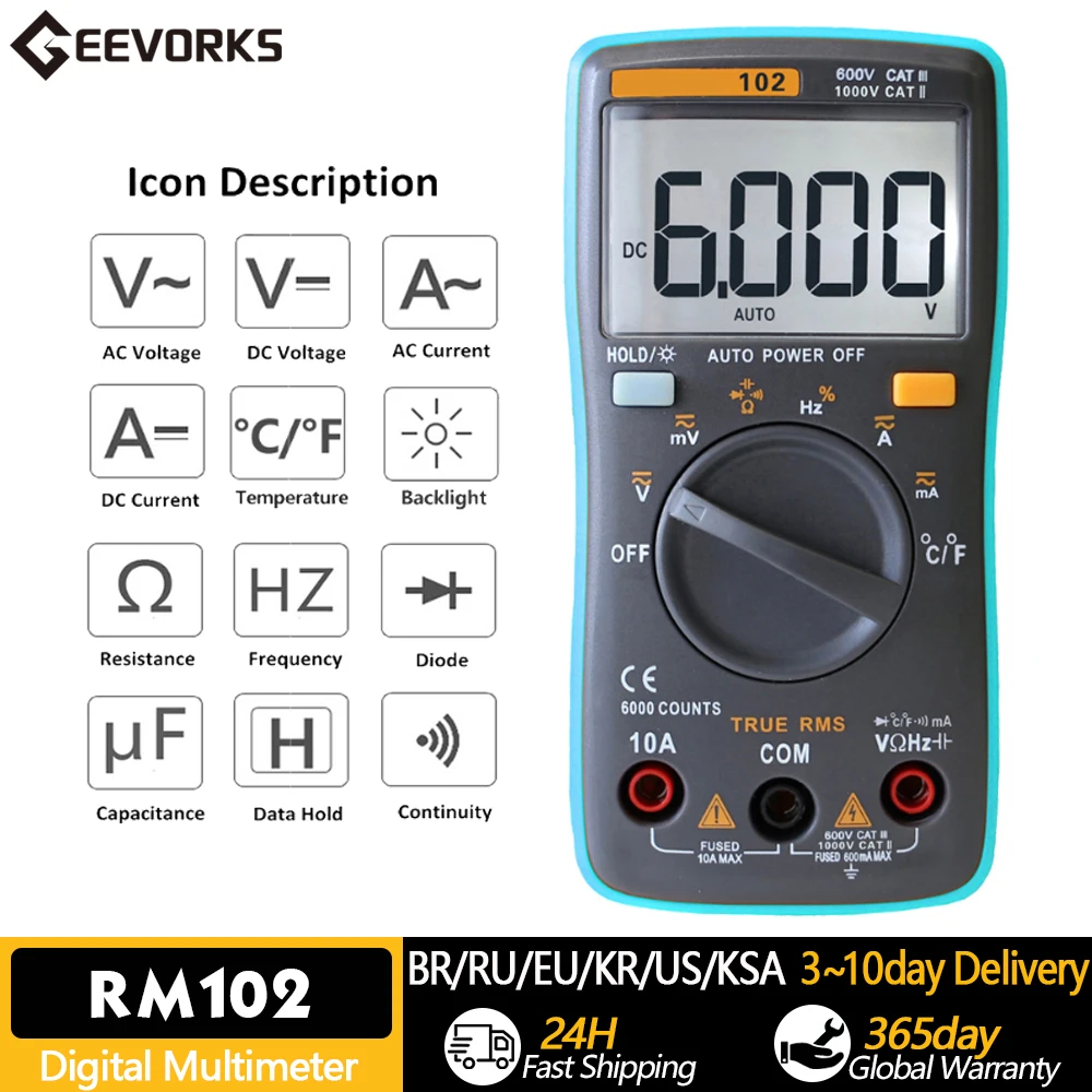 RICHMETERS RM102 True RMS Multifunctional LCD Digital Multimeter DMM DC AC Voltage Current Resistance Diode Capacitance