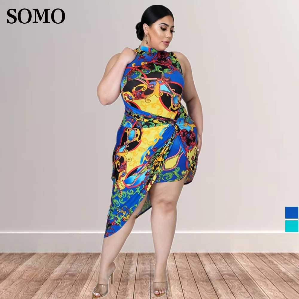 

4XL Women Large Plus Size Dress 2022 Summer Receives Waist Round Collar Vintage Irregular Skirt Printing Wholesale Dropshipping