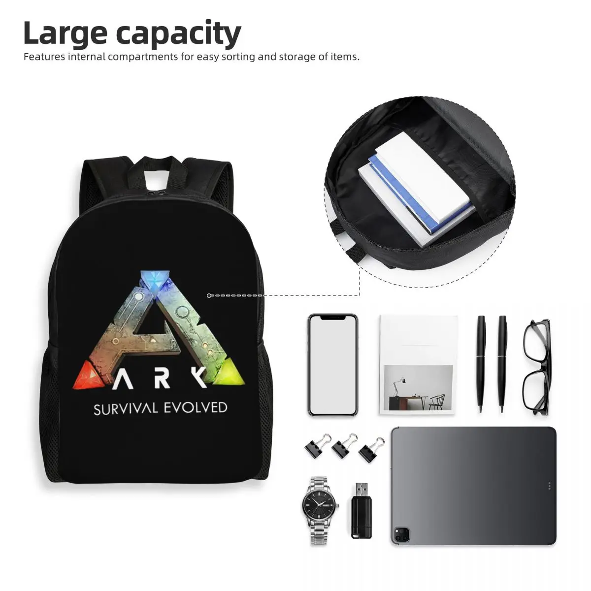 Sac à dos noir Ark Survival Evolved pour étudiants, garçons et filles, sac d'école, sac à bandoulière pour ordinateur portable