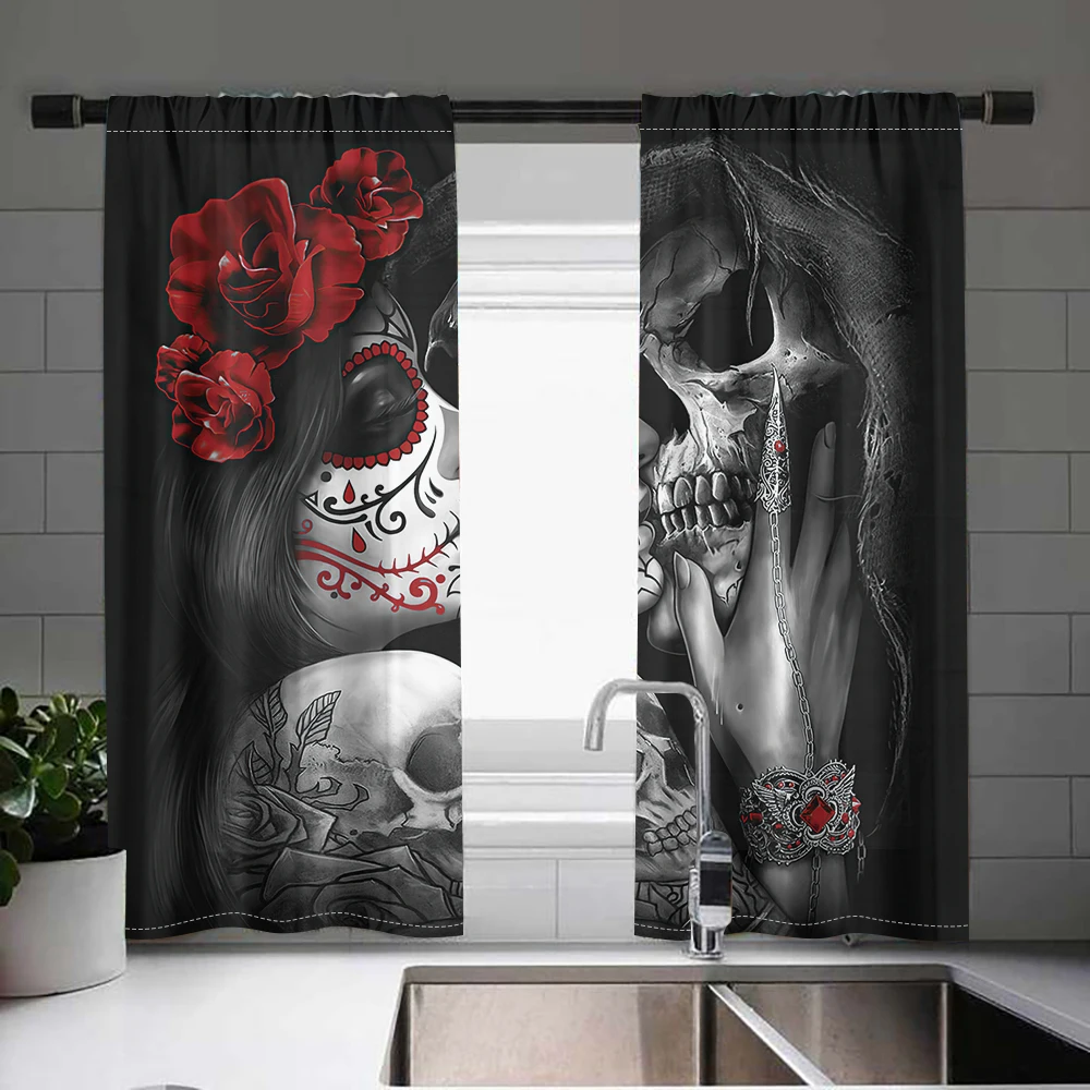 2pcs Halloween Red Rose Gothic Skeleton Rod Pocket Curtain For Living Room Bedroom Office Child Room Decor Study Coffee Shop