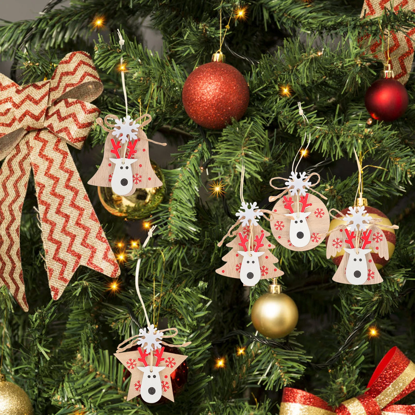 

6Pcs Xmas Tree Wooden Elk Head Hanging Pendants Christmas Decorations Unique 4 Styles Design for Home Window Wall Door