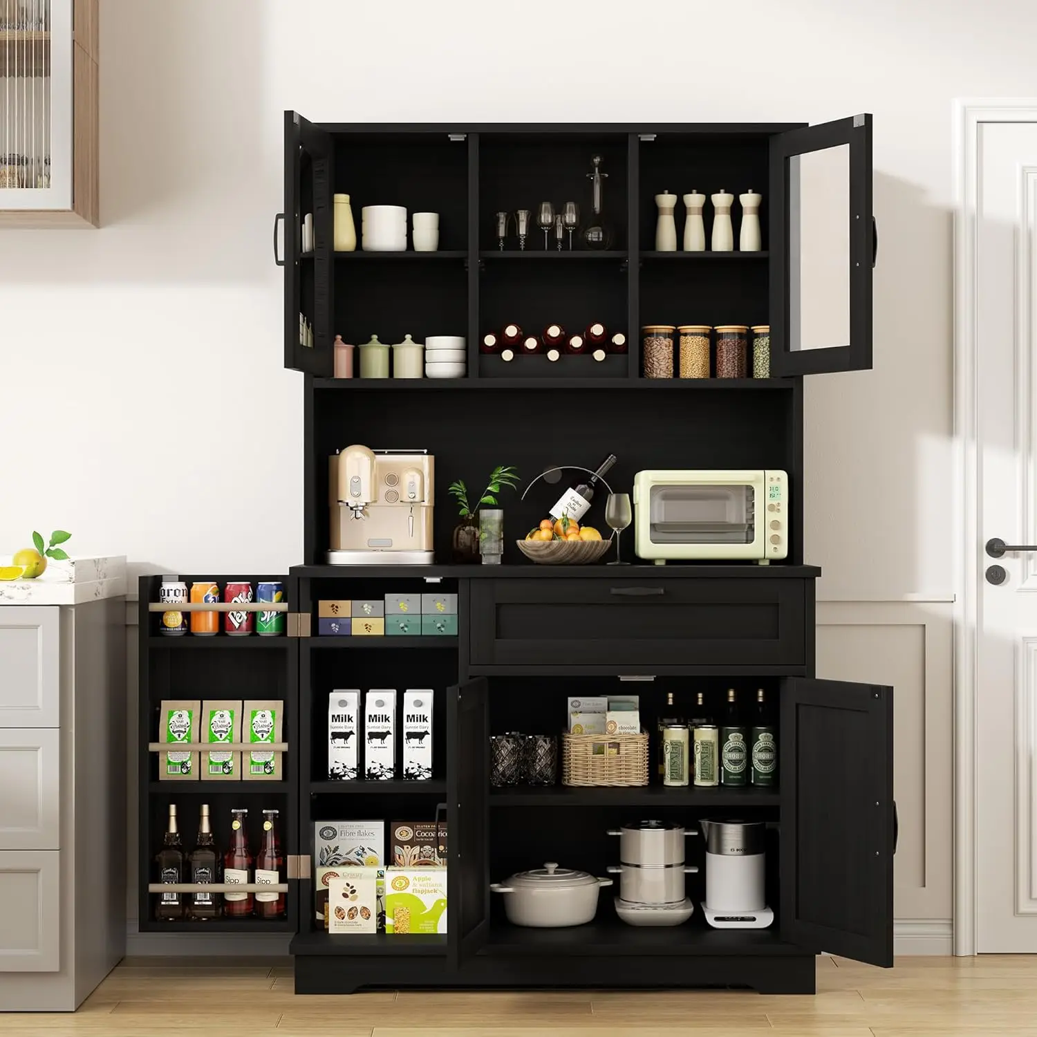 

Kitchen Pantry Storage Cabinet, Freestanding Buffet Cabinet with Microwave Stand & 4 Door Shelves, Kitchen Hutch with Doors