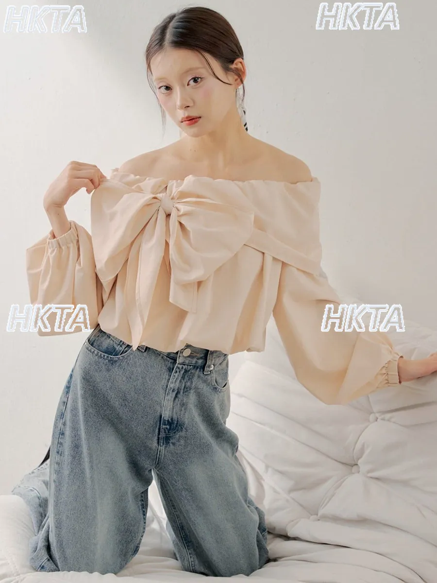 Japanese commuter temperament summer one word collar off the shoulder straps polka dot bow shirt top loose chiffon blouses women - view 4