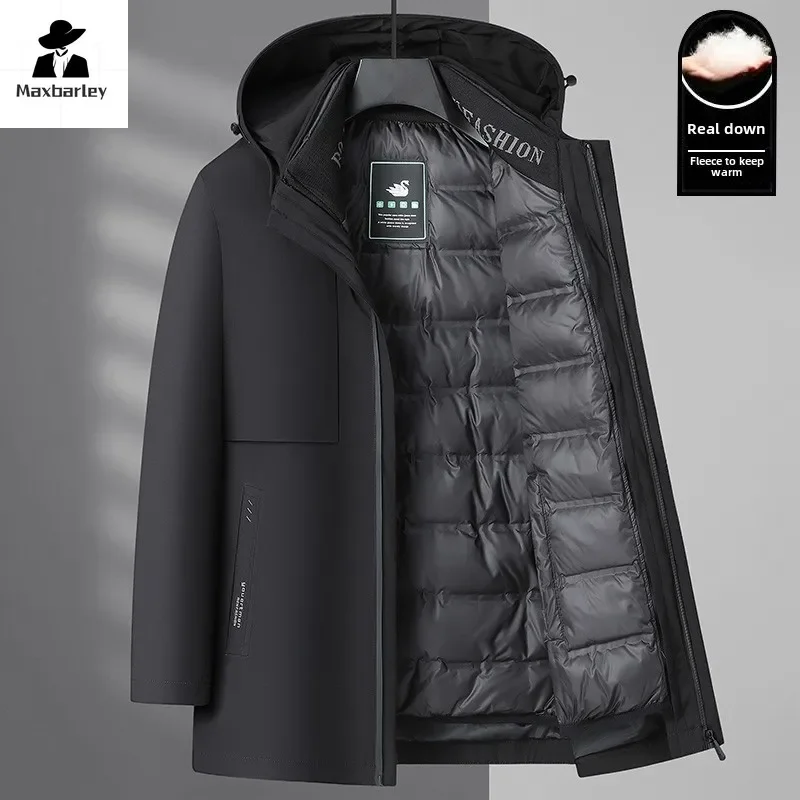 Mens Winter Down Jacket Leisure Commuting Office Lightweight Padded Jackets Detachable Down Lined Hooded Thick Warm Overcoat