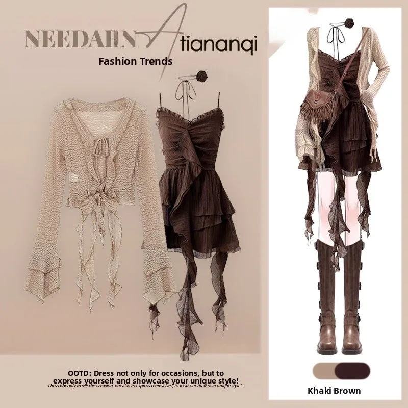 

n Lace f-Skirt Two-Piece Set Summer 2025 Faion Ensemble Long Sve V-Ne Sweater And Midi Skirt Ensemble