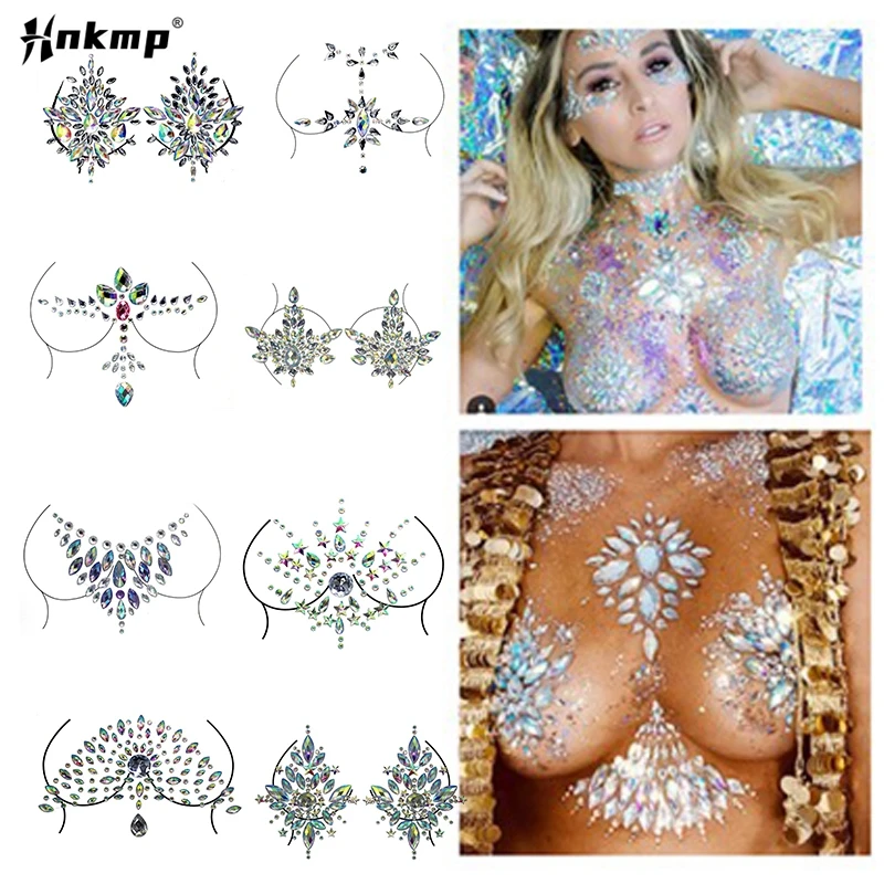 Hot Sexy Chest Jewels Temporary Tattoo Sticker 3D Stage Rhinestone Flash Tattoos Adhesive Face Jewel Chest Gem Body Paint
