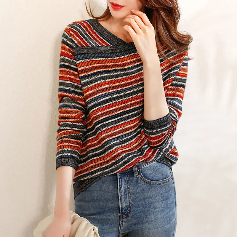 Female Clothing Vintage Striped Pullovers Contrasting Colors Casual V-Neck Asymmetrical Spring Autumn Straight Knitted T-shirt