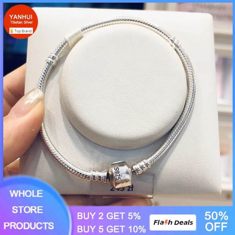 

YANHUI With Credentials 100% Original Silver 925 Bracelet DIY Charms Beads Snake Link Chain Fashion Wrist Jewelry Gift for Women