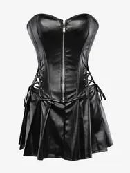 ROSEGAL Plus Size Sexy Faux Leather Zip Front Corsets Bustiers And Pleated Skirt Set For Women Lingerie Corselet Overbust 6XL