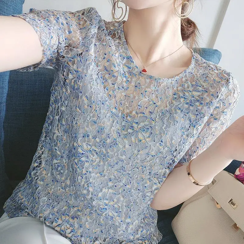 2023 Zomer Mode Kant Print Trend Korte Mouw Elegante Top Casual Eenvoud Commuter Veelzijdige Dameskleding Blouse