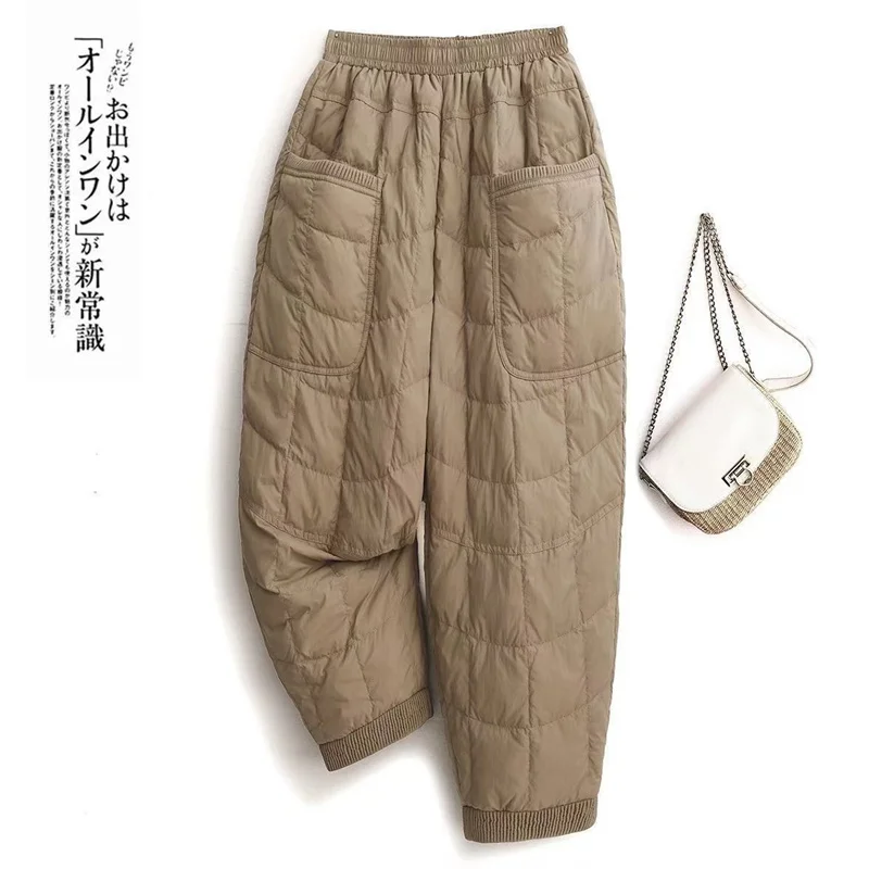 Women Big Pocket Drawstring Ankle Cuff Snow Pants Lady Winter Warm Cotton Quilted Pants Elastic High Waist Padded Harem Trousers