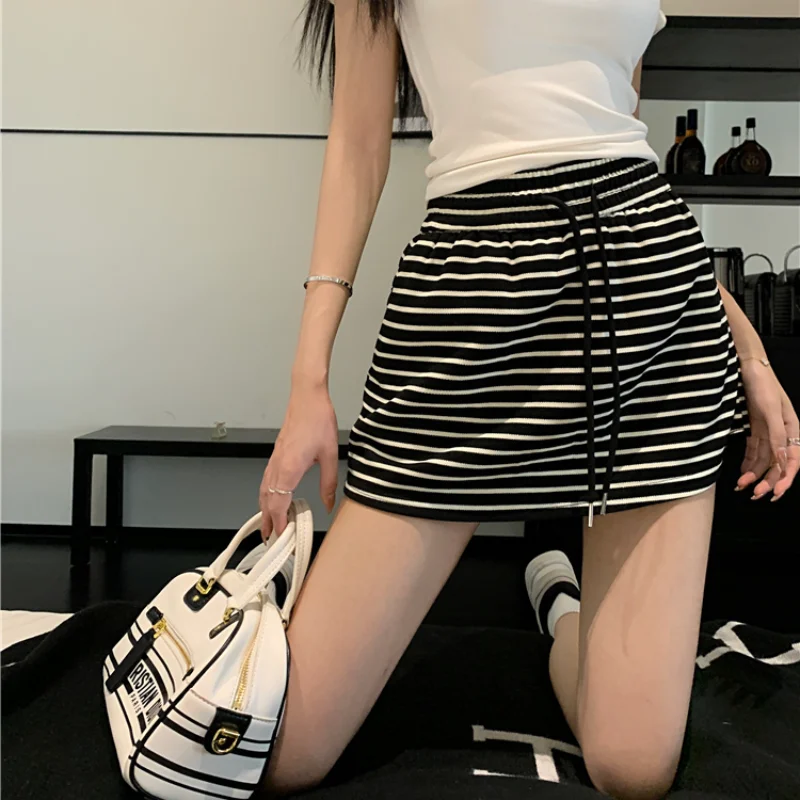 Striped Mini Skirts Women Vintage Casual Drawstring All-match Korean Style Chic Summer Fashion A-line Teens Basic New Streetwear