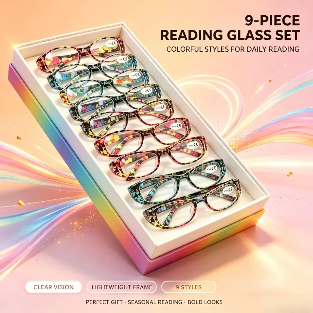 9pcs Assorted Pattern Reading Glasses Gift, Random Mixed Color Fashion Eyewear for Christmas Halloween