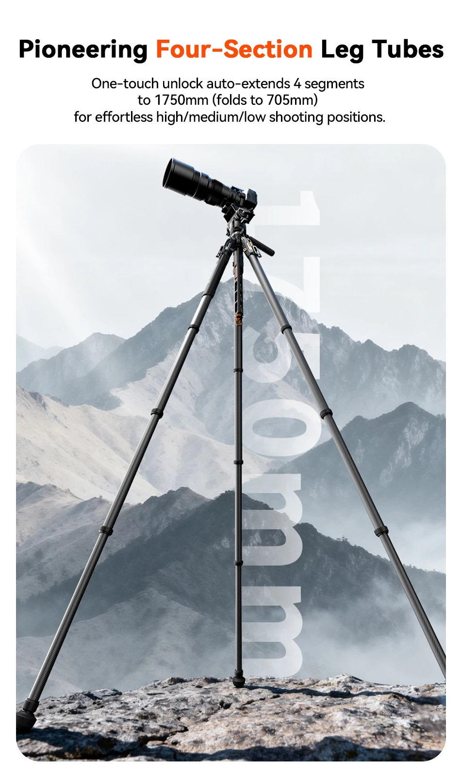 COMAN T1 T1S V5 Reise-Karbonfaser-Stativ mit Ein-Klick-Schnellverschluss und Panorama-Gimbal-Videokopf für DSLR-Kamera Manfrotto DJ – Detail 5