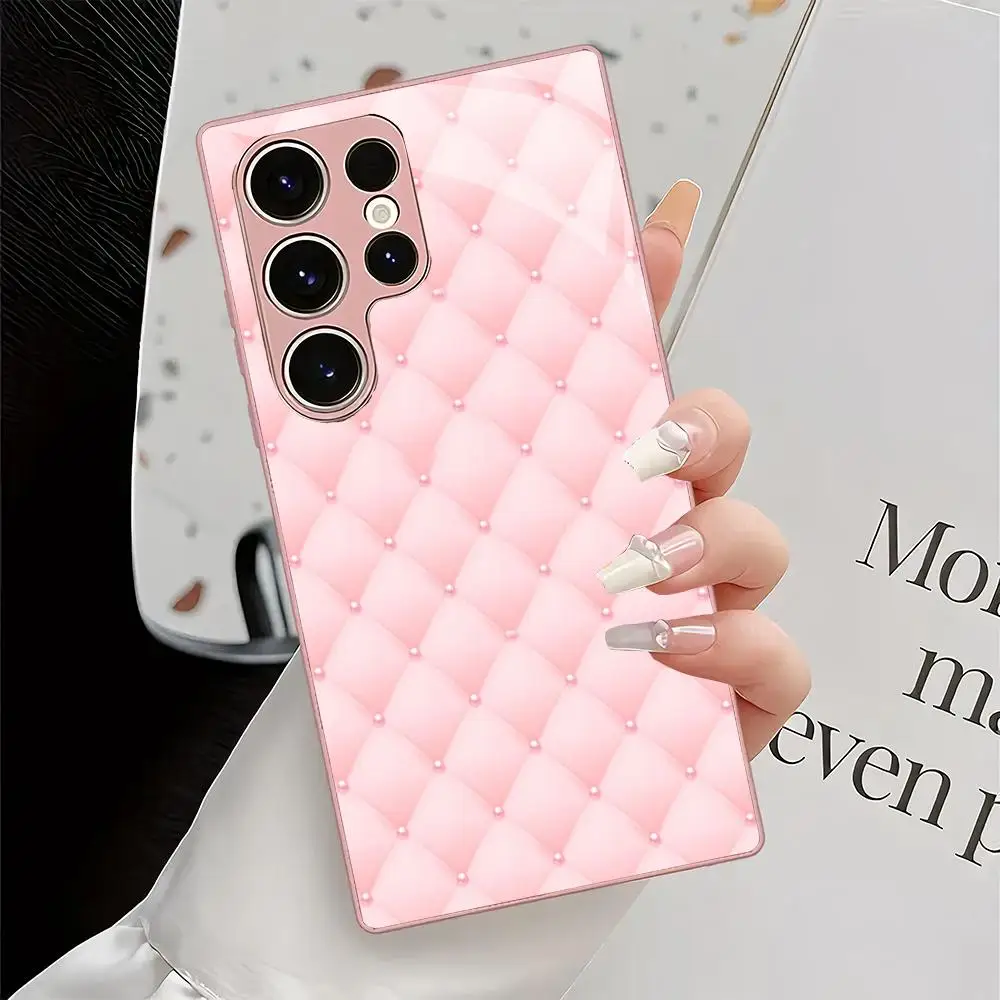 Pink checkered metallic paint glass phone case suitable for Samsung Galaxy S26 S25 S24 S22 S21 S20 FE/Ultra/Plus anti drop