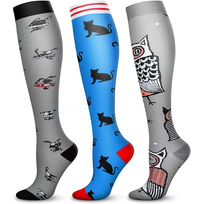 3 Pairs Of Sports Pressure Socks Breathable Over The Knee Football Socks Painted Pattern Stockings Elastic Compression Socks