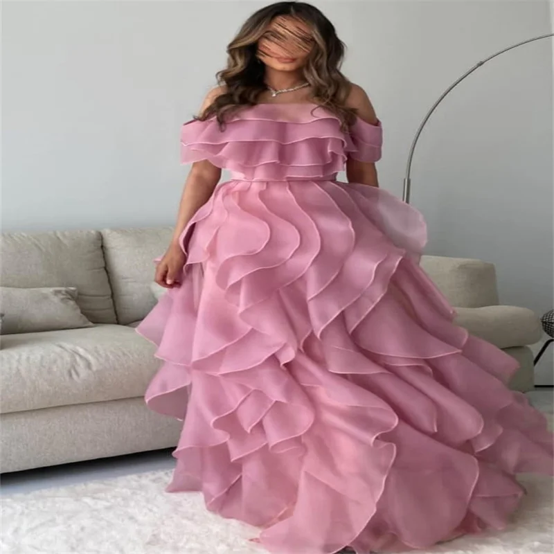 Vestido de noche de Organza sin tirantes para mujer, hermoso vestido de fiesta de línea A escalonada, color rosa, 2024