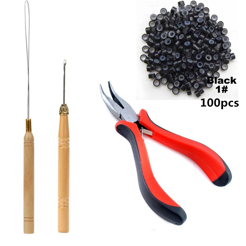 Hair Extension Micro Rings Kit with Wooden Loop Needle Hook & Curved Plier Silicone Lined Aluminum Beads Salon Hair Install Tool