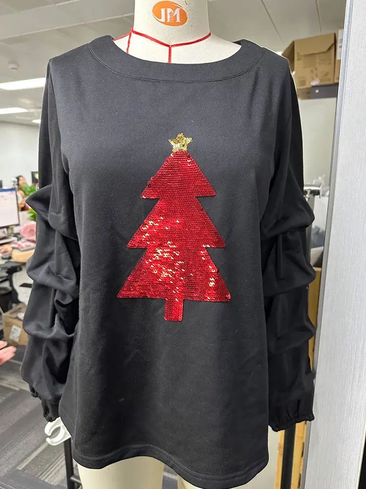 Classic Christmas Tree Sequined Pleated Sweatshirts