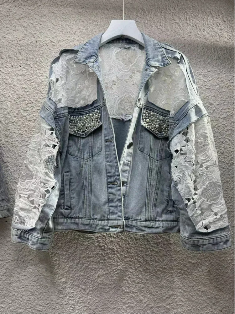 Kurtka damska z haftem, kołnierzem wykładanym, perłami, z efektem sprania, modny płaszcz dżinsowy, luźny, zapinany na jeden guzik, podstawowa odzież wierzchnia, kardigan.