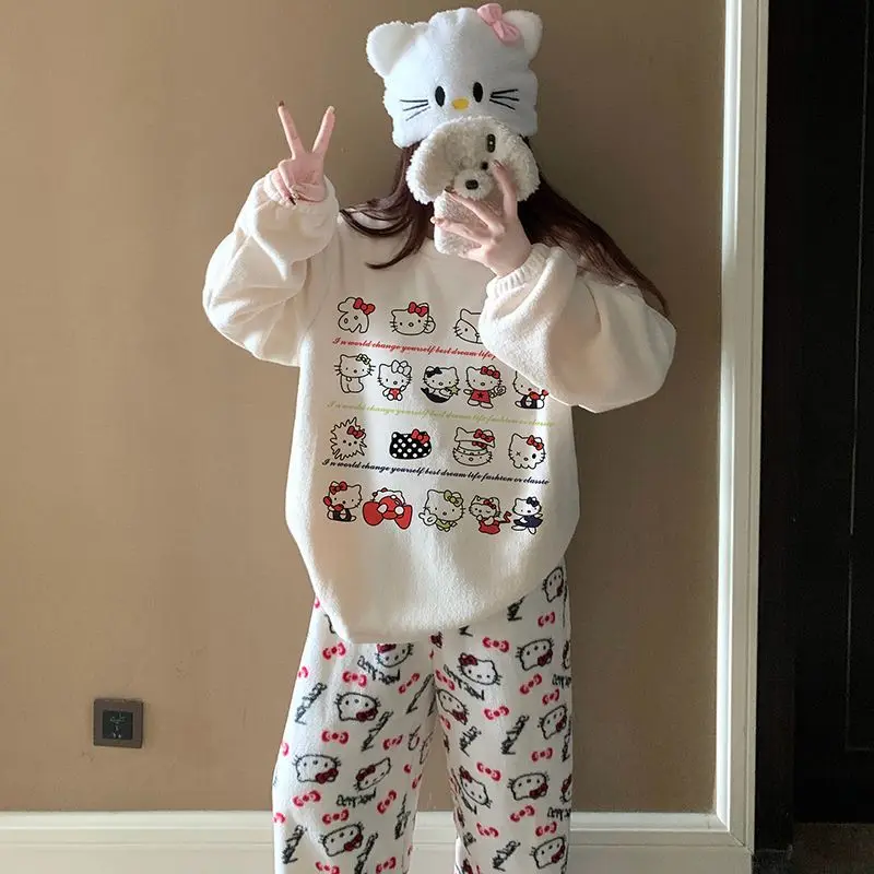 Pigiama moda autunno e inverno per donna Velluto di riso Simpatico cartone animato Hellokitty Casual Allentato Comodo più caldo addensato