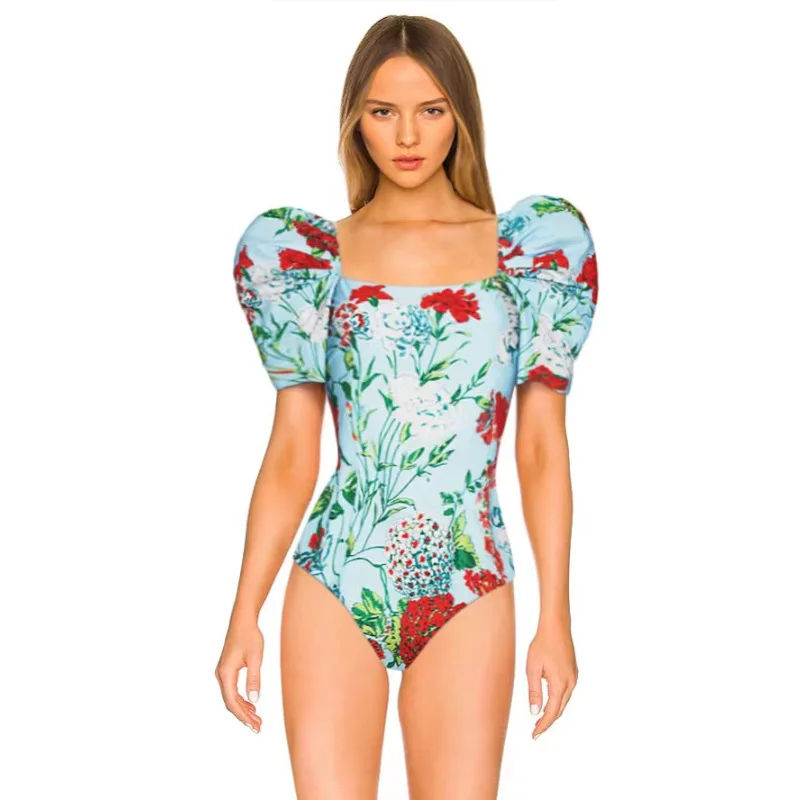 One Piece Swimsuit For Women One-Piece Swimsuit Bubble Sleeve Vintage Flower Print Swimsuit Suit Women